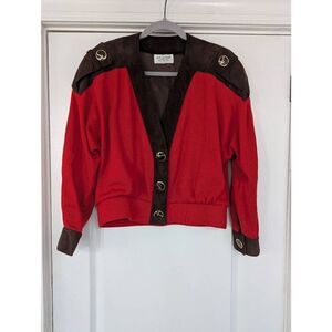 St.‎ John Sportswear Cardigan Sweater Small red leather shoulders gold Santana